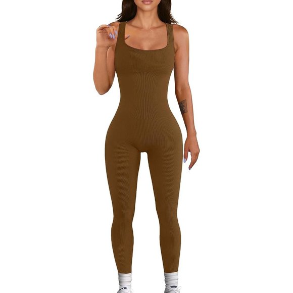 Women's Brown One Piece Square Neck Workout Seamless Jumpsuit - Picture 2 of 5